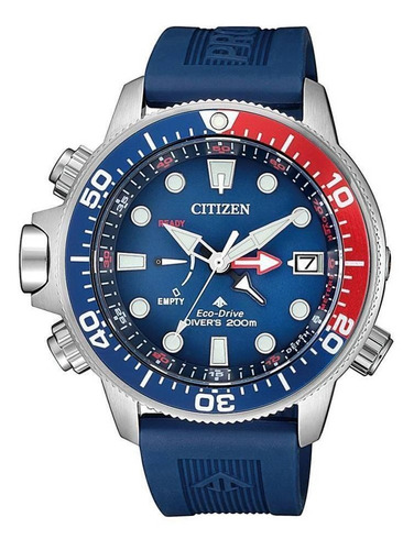 Relógio de pulso Citizen Promaster BN203 com corpo prateado,  analógico, para masculino, fundo  azul, com correia de borracha cor azul, agulhas cor verde e branco, subdials de cor verde e branco, ponteiro de minutos/segundos prateado, bisel cor azul e vermelho e fivela simples