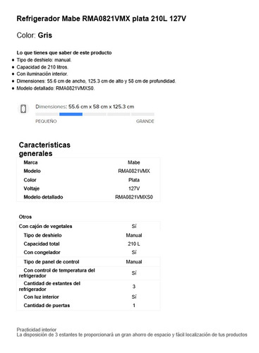 Refrigerador Mabe Rma0821vmx Plata 210l 127v