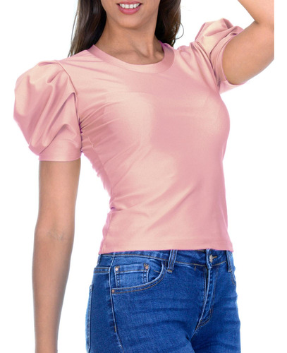 B171 Blusa Strech Satinada Manga Aglobada Cuello Redondo