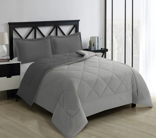 Imagen 2 de 9 de Edredón Matrimonial Gris / Plata Microfribra 2 Vistas Juego
