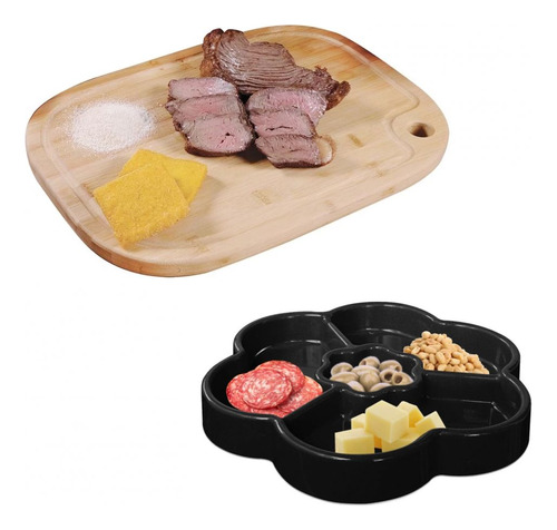 Kit Tábua De Cortar Carne Em Bambu Oval + Petisqueira Preta