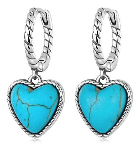 Aros Argolla Turquesa Corazón Plata 925 Joya Mujer 