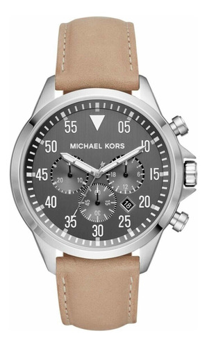 Reloj Michael Kors Mk8616 Correa Caqui Bisel Plateado Fondo Gris