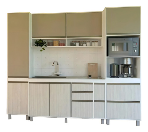 Combo Bajo Mesada 140 Cm Ricchezze Sorrento + Tolva Despensero 210x45 Cm + Mesada Johnson Acero Inoxidable Bacha Simple