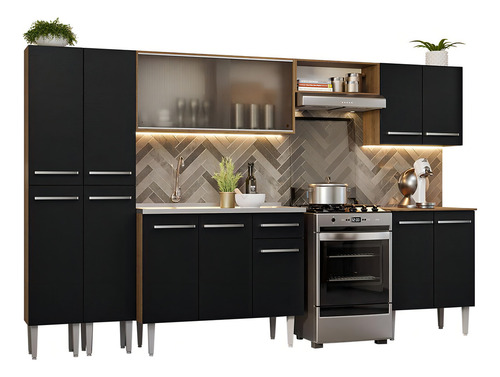 Armário Cozinha Completa 293cm Com Pia Emilly Madesa 06 Rp Cor Rustic/Preto