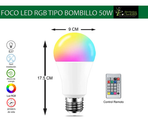 5 Pz Foco Led Rgb 50w Control Remoto Para Elegir Colores E27