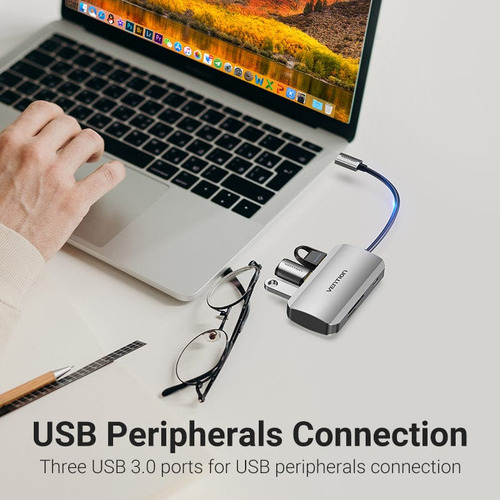Hub Usb Multipuerto Vention - 6 En 1 - Usb C + 3 Puertos Usb 3.0 + Lector De Tarjetas Sd / Tf + Power Delivery 100w Usb C - 5gbps Carcasa Aluminio - 15 Cm - Premium Para Pc / Mac / Laptop - Tnhhb