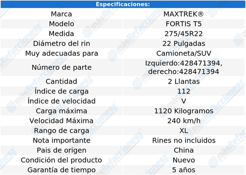 Paquete De 2 Llantas 275/45r22 112v Xl Maxtrek Fortis T5 Au