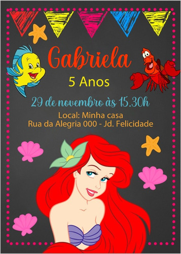 Convite Aniversário Comemoração Festa Criança Sereia Ariel 1