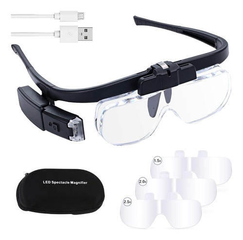 Lupa Con Luz Led, Gafas Lentes Lupa Recargables Usb, 3