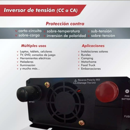 Imagen 3 de 5 de Inversor De Corriente 12v A 220v 1000w Ficatto Auto Barco