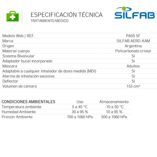 Imagen 6 de 7 de Aerocamara Con Mascara Adultos Silfab Bivalvular Pa05