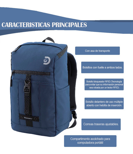 Mochila Discovery Shield Top Zip Para Computadora Laptop Azul 22 Lts Poliester Reciclado Diseño Elegante Funcional