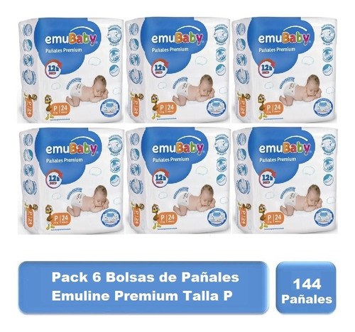 Pack 144u Pañales Premium Talla P (3 A 6 Kg) Emubaby