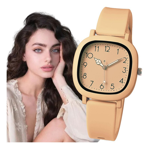 Relógio Feminino Moderno Quartz Cores Sofisticado Fundo Salmão Quadrado Silicone