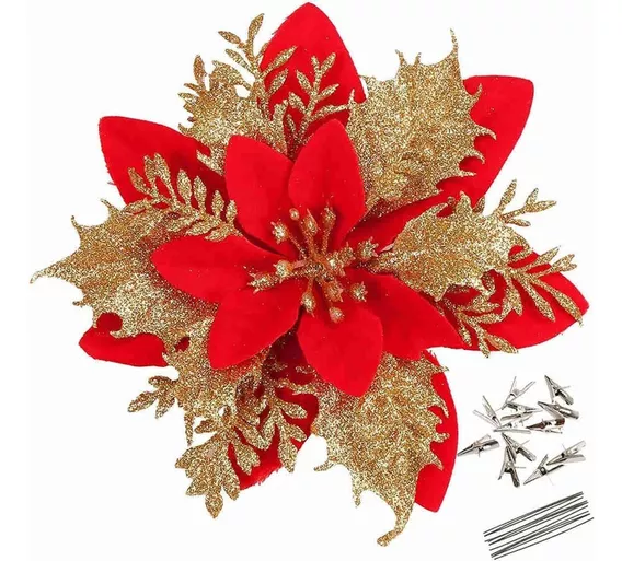 Flores De Nochebuena Rojas Doradas Artificiales Para Decorac