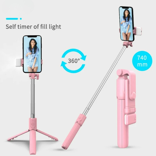 Selfie Stick Bluetooth 360° Trípode Para Teléfono Móvil Luz Rosa