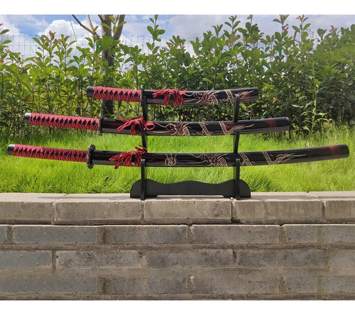 Set 3 Katanas Wakizashi Tanto Samurai Acero Espada Con Base Color Negro Y Rojo
