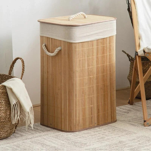 Cesto Alça Roupa Suja 60 Litros Bambu Dobrável Retangular