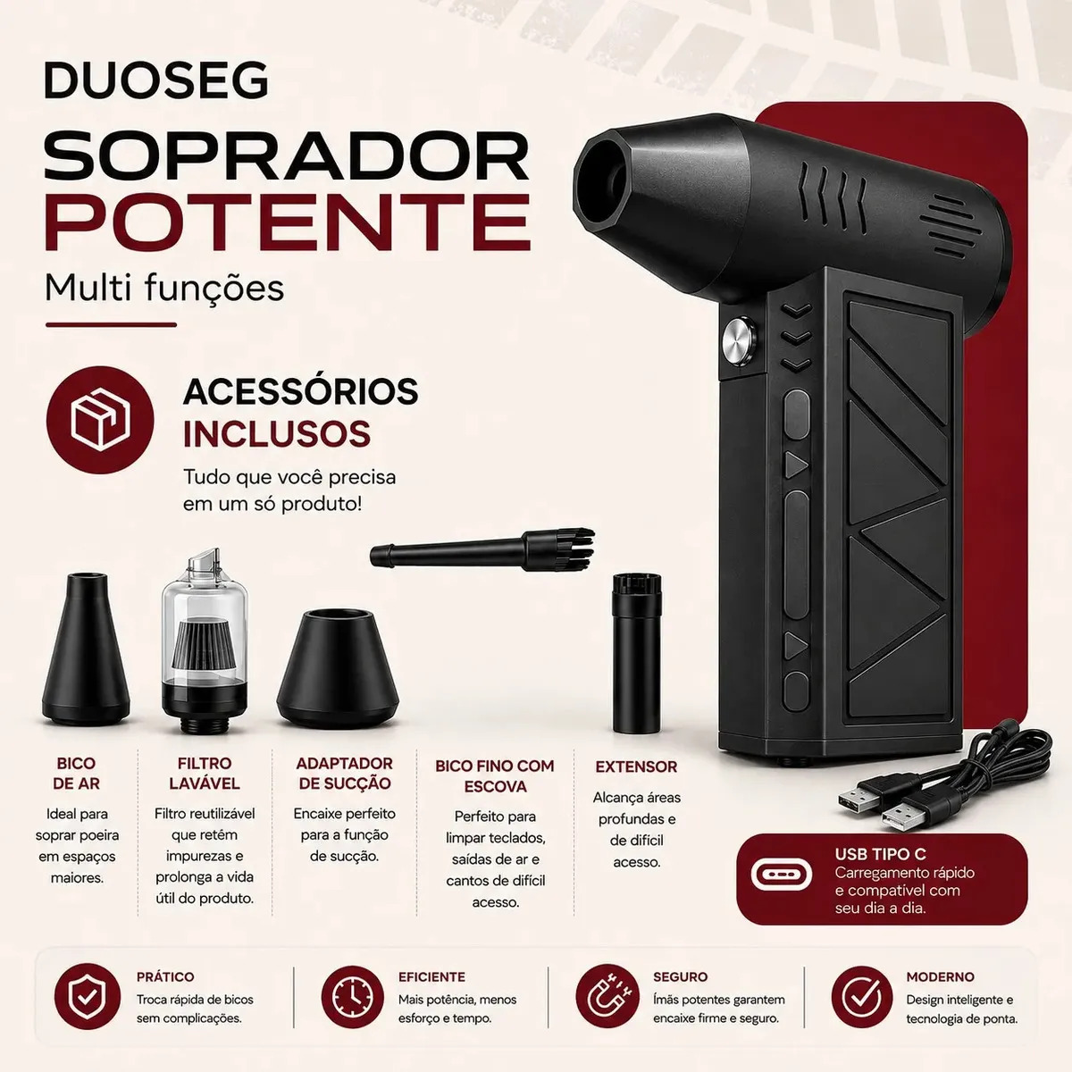 Soprador de Ar Mini Turbo Portátil USB Sem Fio Recarregável para Limpeza e Inflar DUOSEG 2
