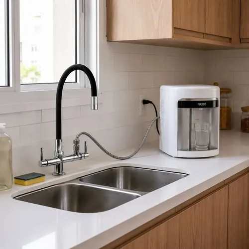Torneira Dupla Saida Bica Movel De Bancada Mesa Pia De Cozinha Para Conectar Purificadores E Filtros De 14 E 12 Em Abs Cromado Tubo Preto Flexivel