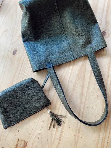 Cartera Tote De Cuero Vacuno Cosido A Mano Verde Oscuro Lisa Oro Verde Oscuro