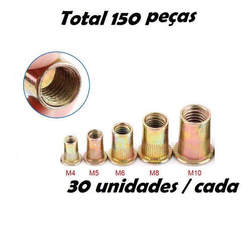 Imagem 5 de 10 de 150 Rebites Rosca Interna M4 M5 M6 M8 M10 Kit 30 Uni Cada