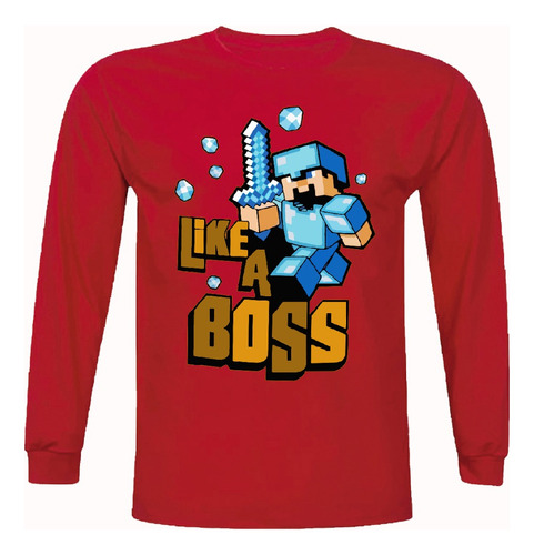 Polera Manga Larga, Minecraft Like A Boss, Niños/as, Jóvenes