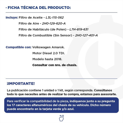 Imagen 2 de 9 de Kit 4 Filtros Completo Vw Amarok 2.0 Original