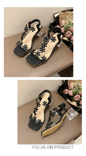 Sandalias De Tacón Alto Con Cabeza Cuadrada Y Flores De Moda