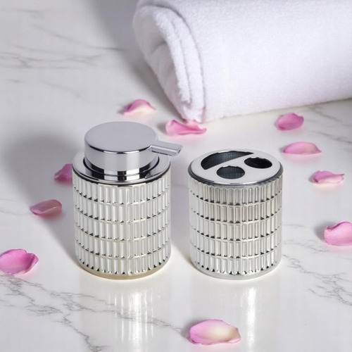 Set Accesorios Baño Dispenser Vidrio Porta Cepillo Plata