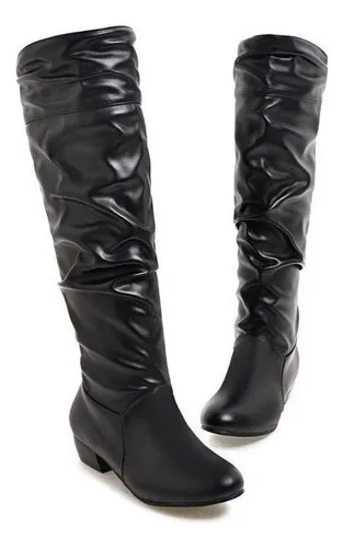 Botas Largas De Cuero Para Mujer Zapatos De Tacón Bajo