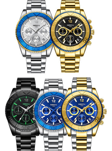 Reloj Nibosi Luxury Chronograph Para Hombre De Negocios Color Del Fondo Oro/negro