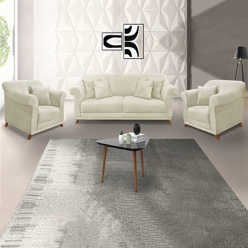 2 Poltronas E Sofá Living 2 Lugares 1,80m Vênus Veludo Bege