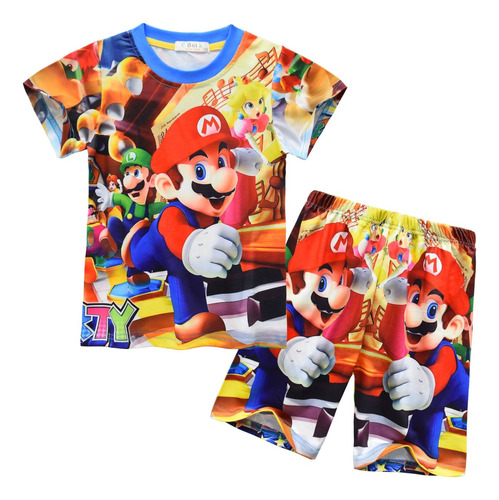 Conjunto De Super Mario Brothers Para Niños Camiseta 2 Piezas Diaria Hogar Casual Dibujos Animados Juego Halloween