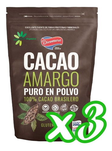 Cacao Amargo Puro En Polvo X 200gr Dicomere - Pack X 3