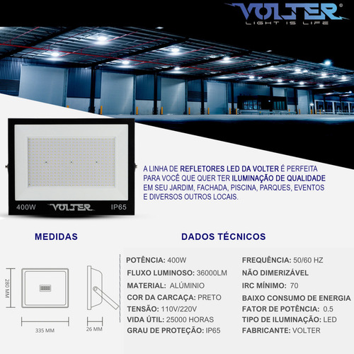 Kit 10 Refletor Led Volter Ecônomico Ip65 400w 6500k Holofote Preto 36000lm Luz Branco Frio