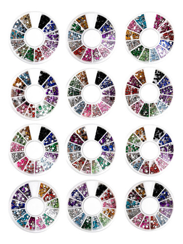 Kit 12 Discos De Strass Variados Decoração Unhas Multicolor