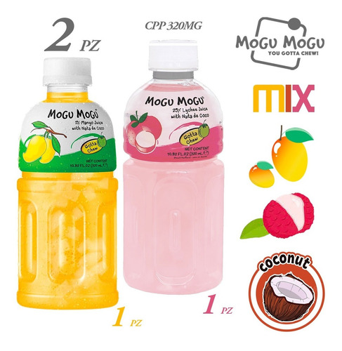 Imagen 1 de 6 de Bebida Mogu Mogu 2pz Con Pulpa Natural / Nata De Coco 320mil