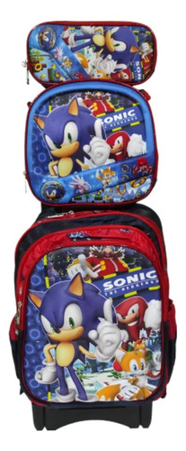 Mochila Sonic Lonchera Y Lapicera Con Ruedas O Llantas. Primaria Azul Oscuro Liso