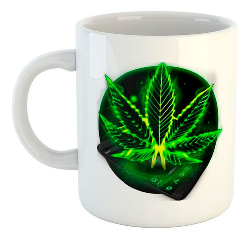 Taza De Ceramica Hoja Cannabis Celular Verde