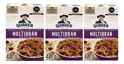 3 Cereal De Avena Integral Con Pasas Quaker Multibran 420g