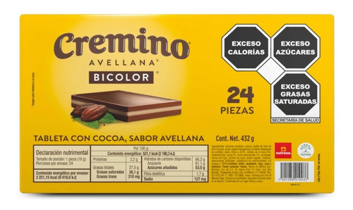 Cremino Avellana Bicolor Chocolate Sabor Avellana 24pz 432g