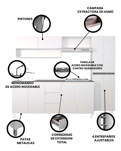 Cocina Integral Con Parrilla Premium Decomobil Minimalista Color Blanco - Mármol Negro