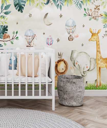 Imagem 2 de 7 de Papel De Parede Adesivo Quarto Bebê Safari Balões Wt-05 M²