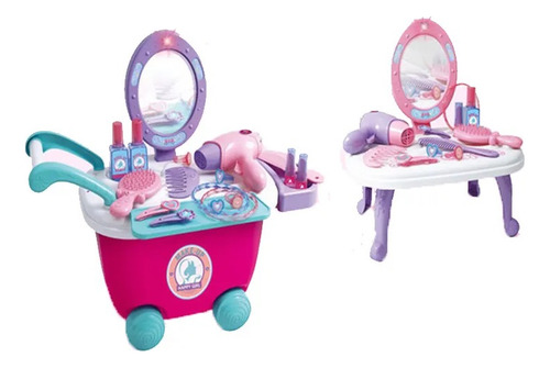 Súper Tocador 2 En 1 Niña Con Luz, Espejo Y Kit De Belleza Rosa