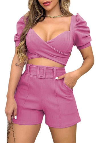 Conjunto De Blusa Y Pantalón Corto De Talle Alto Para Mujer