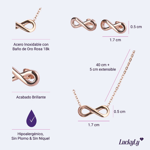 Juego Joyería Mujer Infinito, Collar Aretes Oro Rosa Luckyly