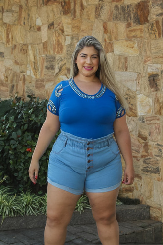 Short Plus Size Jeans Feminino Cintura Alta Lycra E Elastico