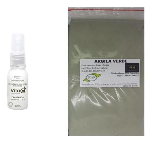 Argila Verde 500g E Sérum Clareador Ác. Hialurônico E Vita C